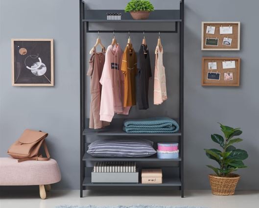 Zulu Wide Open Wardrobe with 4 Shelves-Dark Grey