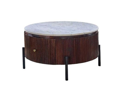 Olin Mango Wood Round Fluted Coffee Table With Marble Top & Metal Legs