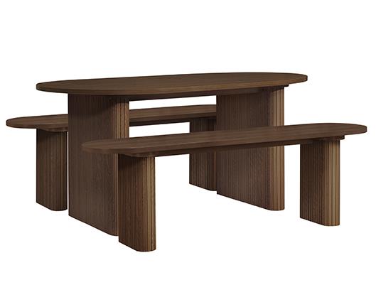 Axel Oval Fluted Dining Table with 2 Benches - Walnut