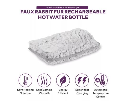 Rechargeable Hot Water Bottle - Grey Faux Fur