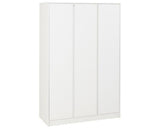A modern three-door wardrobe or closet cabinet in solid white, shown from a three-quarter angle against a plain white background.
