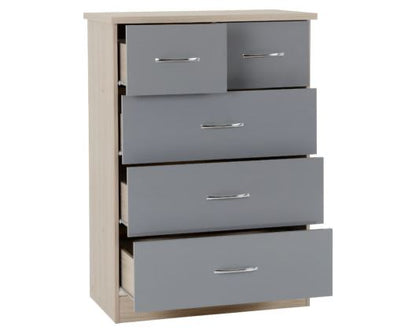Neptune 3+2 Drawer Chest - Grey Gloss/Light Oak Effect Veneer