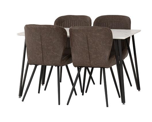 MARLOW & QUEBEC DINING SET (X4 CHAIRS) - WHITE MARBLE/BROWN FAUX LEATHER