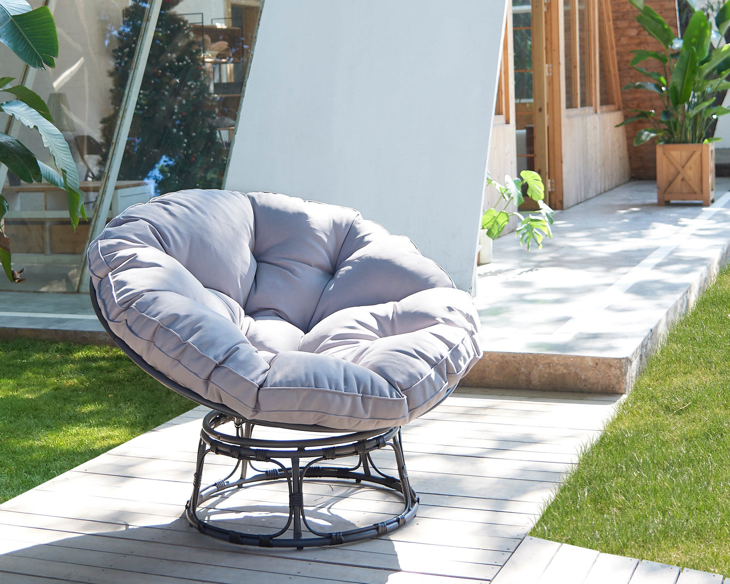 Monica Brown Swivel Moon Chair with Grey Cushions