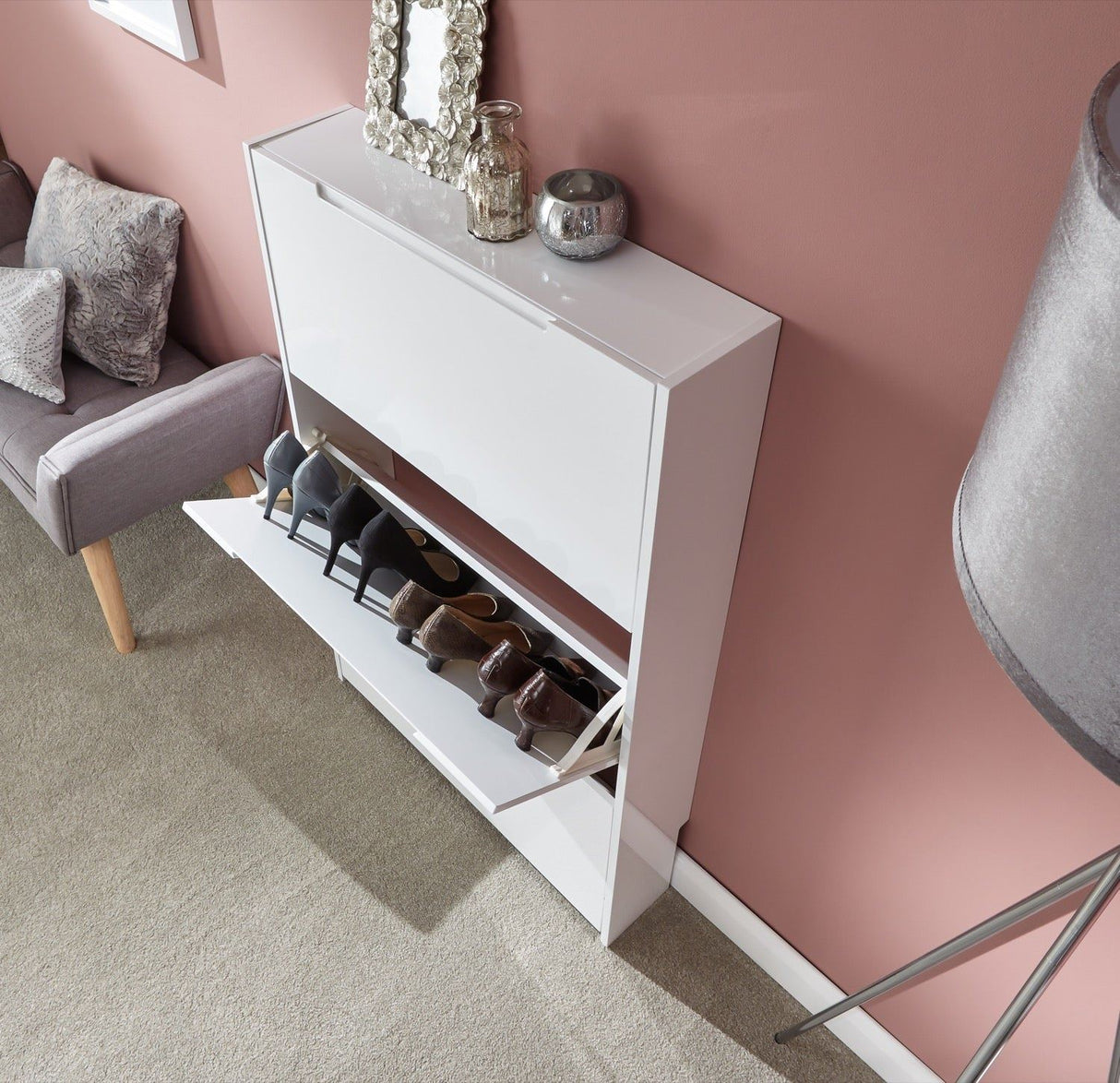 Slim High Gloss 3 Tier Shoe Cabinet-White