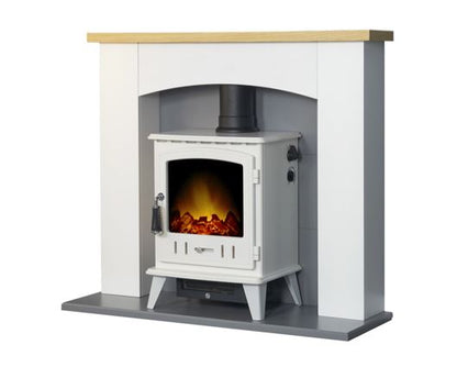 Hugo Fireplace Suite 39inch - White/Grey With Electric Stove - White Enamel