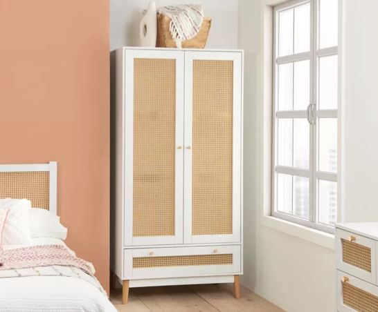 Catalina 2 Door 1 Drawer Rattan Wardrobe- White