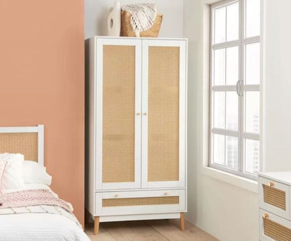Catalina 2 Door 1 Drawer Rattan Wardrobe- White