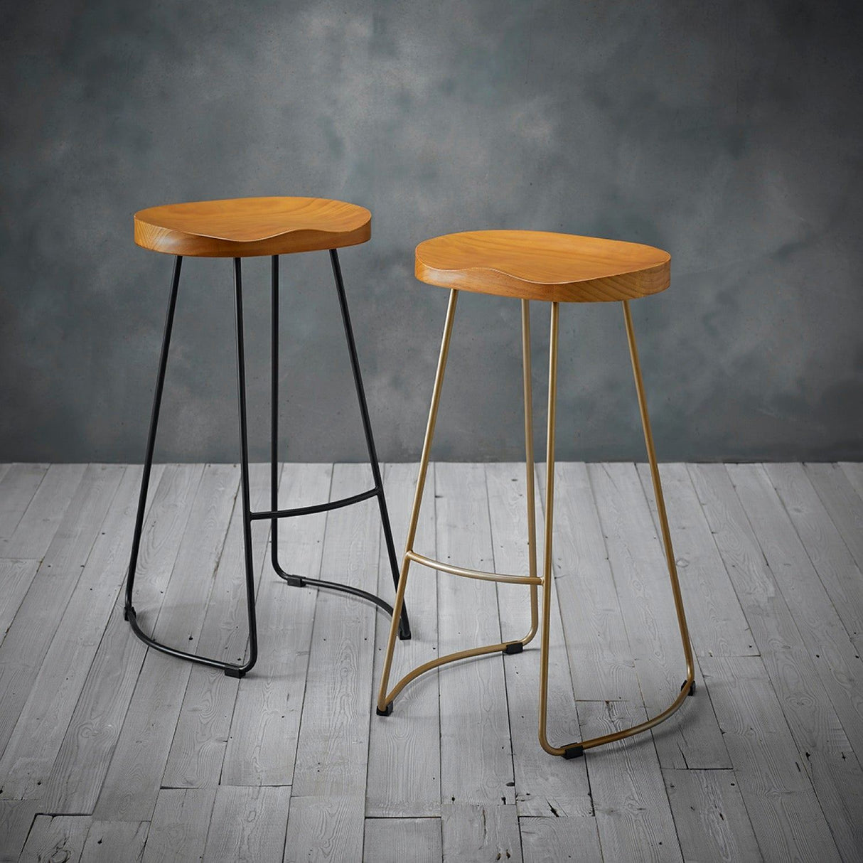 Boxer Pine Wood Seat Gold Effect Leg Bar Stool