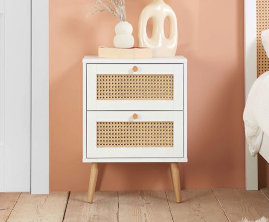 Catalina 2 Drawer Rattan Bedside- White