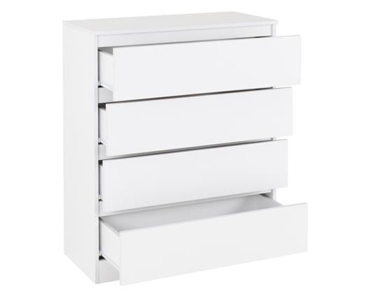 A white five-drawer dresser with three of the drawers pulled open, shown against a plain white background.