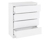 A white five-drawer dresser with three of the drawers pulled open, shown against a plain white background.
