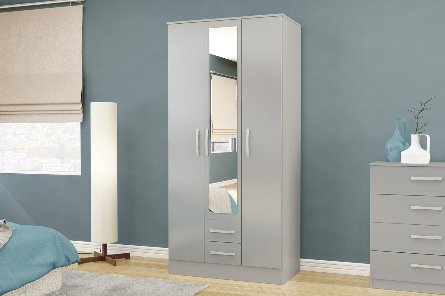 Larz 3 Door 2 Drawer Wardrobe With Mirror - Grey