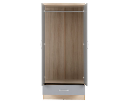 Neptune Mirrored 2 Door 1 Drawer Wardrobe - Grey Gloss/Light Oak Effect Veneer