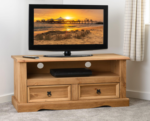 Corona 2 Drawer Flat Screen TV Unit - Distressed Waxed Pine