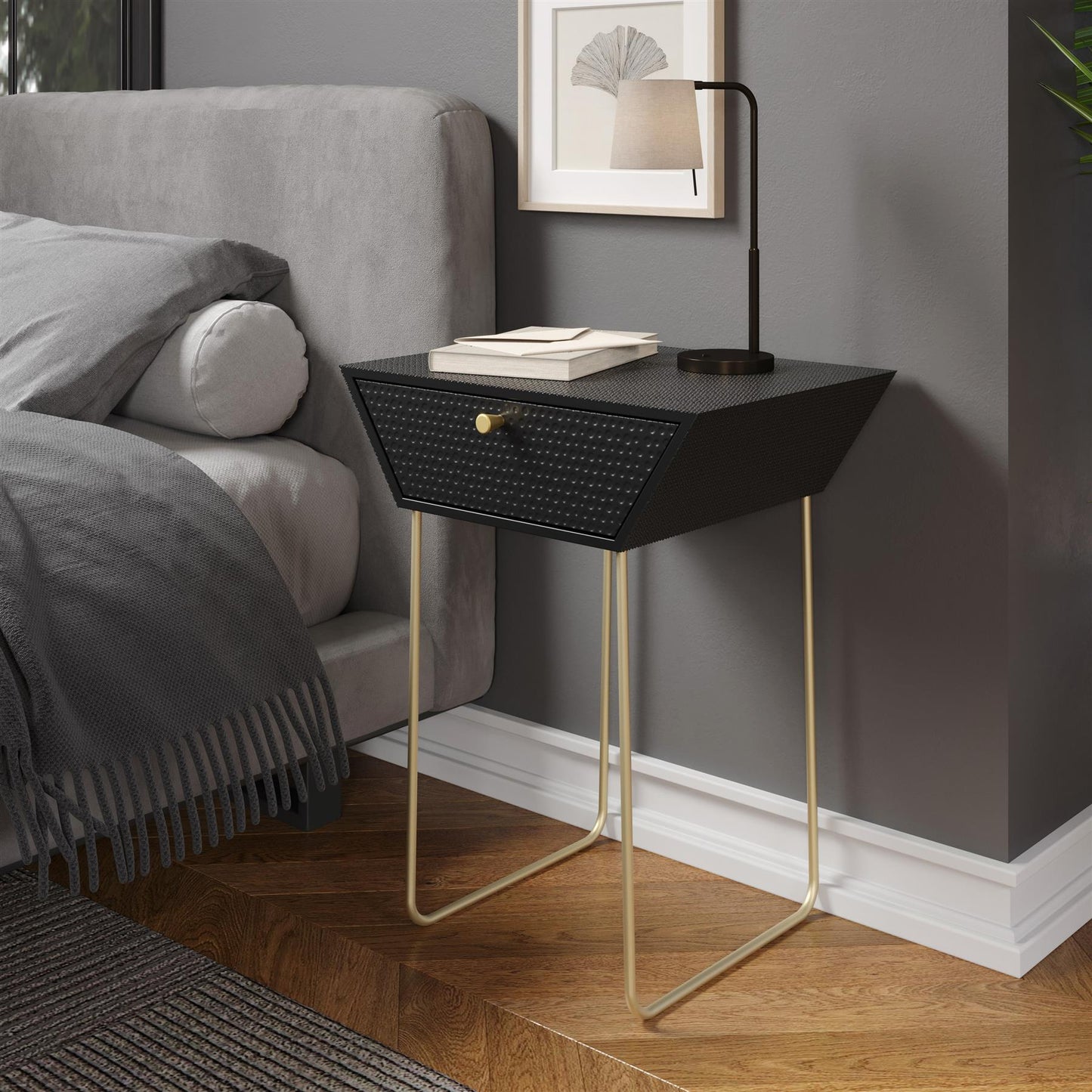 Apollo metal 1 drawer bedside cabinet, black with gold handle and legs