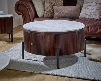 Olin Mango Wood Round Fluted Coffee Table With Marble Top & Metal Legs