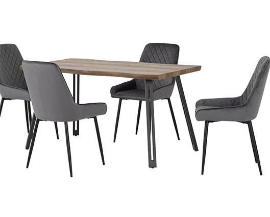 QUEBEC WAVE & AVERY DINING SET (X4 CHAIRS) - MEDIUM OAK EFFECT/GREY VELVET