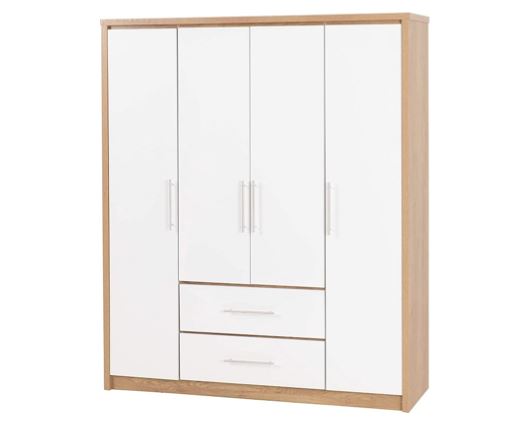 Santos 4 Door 2 Drawer Wardrobe - White High Gloss/Light Oak Effect Veneer