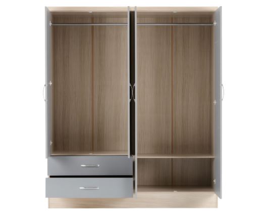 Neptune 4 Door 2 Drawer Mirrored Wardrobe - Grey Gloss/Light Oak Effect Veneer