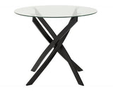 SHELDON ROUND GLASS TOP DINING SET (X4 CHAIRS) - CLEAR GLASS/NAVY BLUE VELVET FABRIC