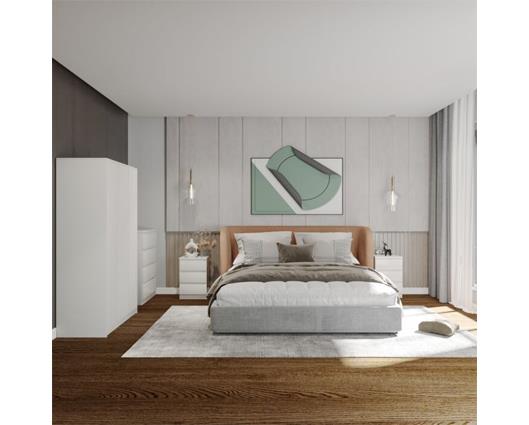 A modern bedroom featuring a low-profile platform bed with a light wood headboard, dressed in white and gray bedding. The room has a light gray paneled accent wall with a minimalist abstract art print above the bed, white nightstands, and a light gray rug over dark wood flooring.