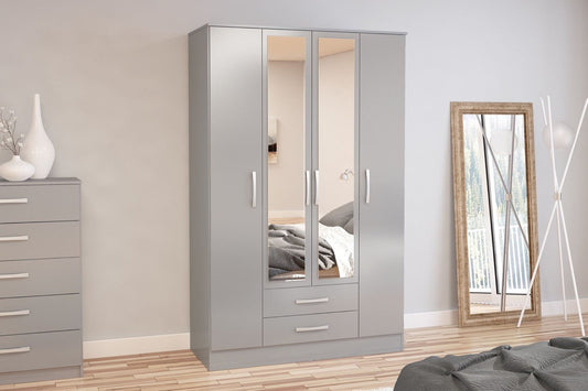 Larz 4 Door 2 Drawer Wardrobe With Mirror - Grey