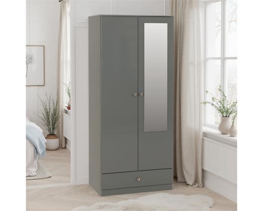 DENVER 2 DOOR 1 DRAWER MIRRORED WARDROBE - GREY GLOSS