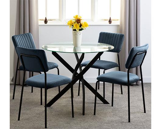 SHELDON ROUND GLASS TOP DINING SET (X4 CHAIRS) - CLEAR GLASS/NAVY BLUE VELVET FABRIC