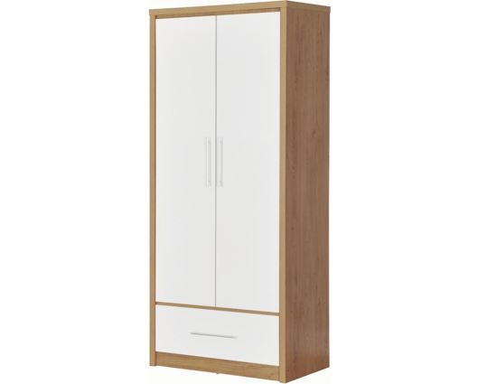 Santos 2 Door 1 Drawer Wardrobe - White High Gloss/Light Oak Effect Veneer
