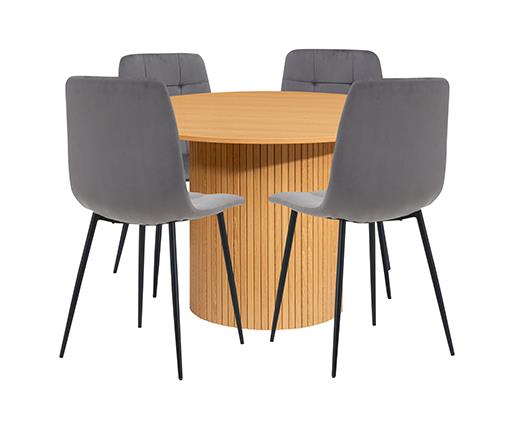 Axel Round Fluted Dining Table with 4 Fabric Chairs - Oak