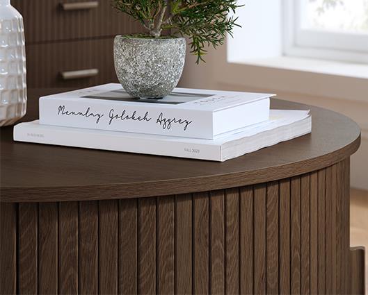 Axel Round Fluted Coffee Table with Storage - Walnut