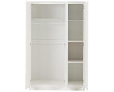 A white three-door wardrobe or closet organizer with two doors open, showing interior shelves and storage compartments against a plain white background.