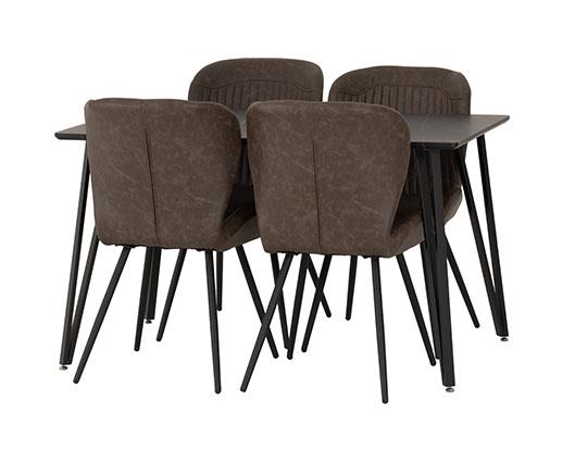 MARLOW & QUEBEC DINING SET (X4 CHAIRS) - BLACK MARBLE/BROWN FAUX LEATHER