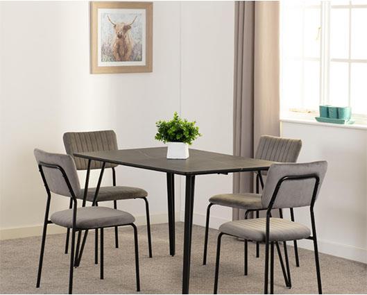 MARLOW & SHELDON DINING SET (X4 CHAIRS) - BLACK MARBLE/GREY VELVET FABRIC
