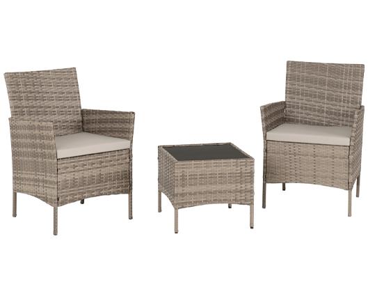 Willow 3Pc Garden Set - Grey Rattan/Grey Fabric/Black Glass