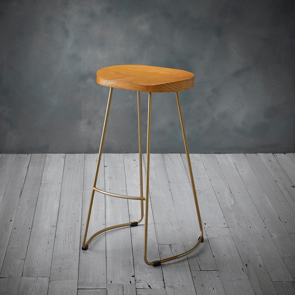 Boxer Pine Wood Seat Gold Effect Leg Bar Stool