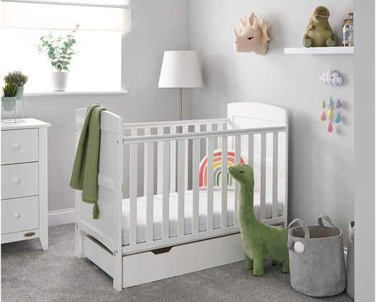 Grady Mini Cot Bed, Under Drawer + Fibre Mattress - White