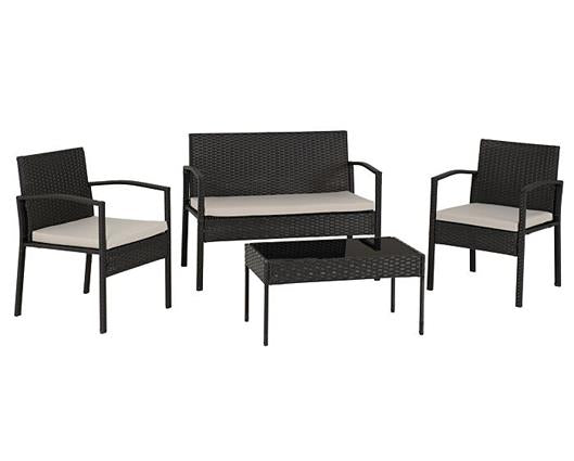 Cedar 4Pc Garden Set - Black Rattan/Grey Fabric/Black Glass