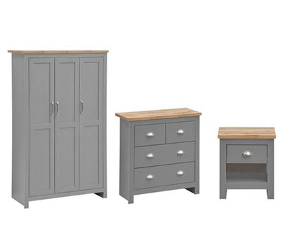 Lincoln 3 Piece Bedroom Set (3 Door Wardrobe, 2+2 Chest, 1 Drawer Bedside)