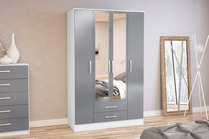 Larz 4 Door 2 Drawer Wardrobe With Mirror - White & Grey