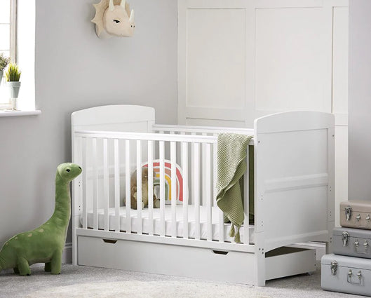 Grady Cot Bed, Under Drawer + Fibre Mattress - White