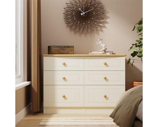 Warwick 6 Drawer Midi Chest - Cream Ash with Modern Oak Top