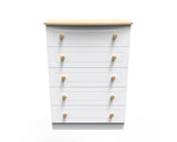 Warwick 5 Drawer Chest - White Matt with Bardolino Oak Top