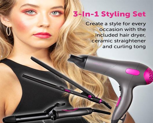 Gift 1800W DC Hairdryer / 25mm Curling Tong / Hair Straightener Neon Pink / Graphite