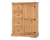Corona 1 Door 4 Drawer Low Wardrobe - Distressed Waxed Pine