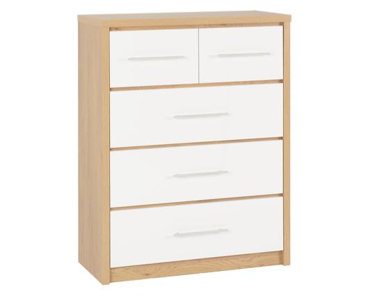 Santos 3+2 Drawer Chest - White High Gloss/Light Oak Effect Veneer