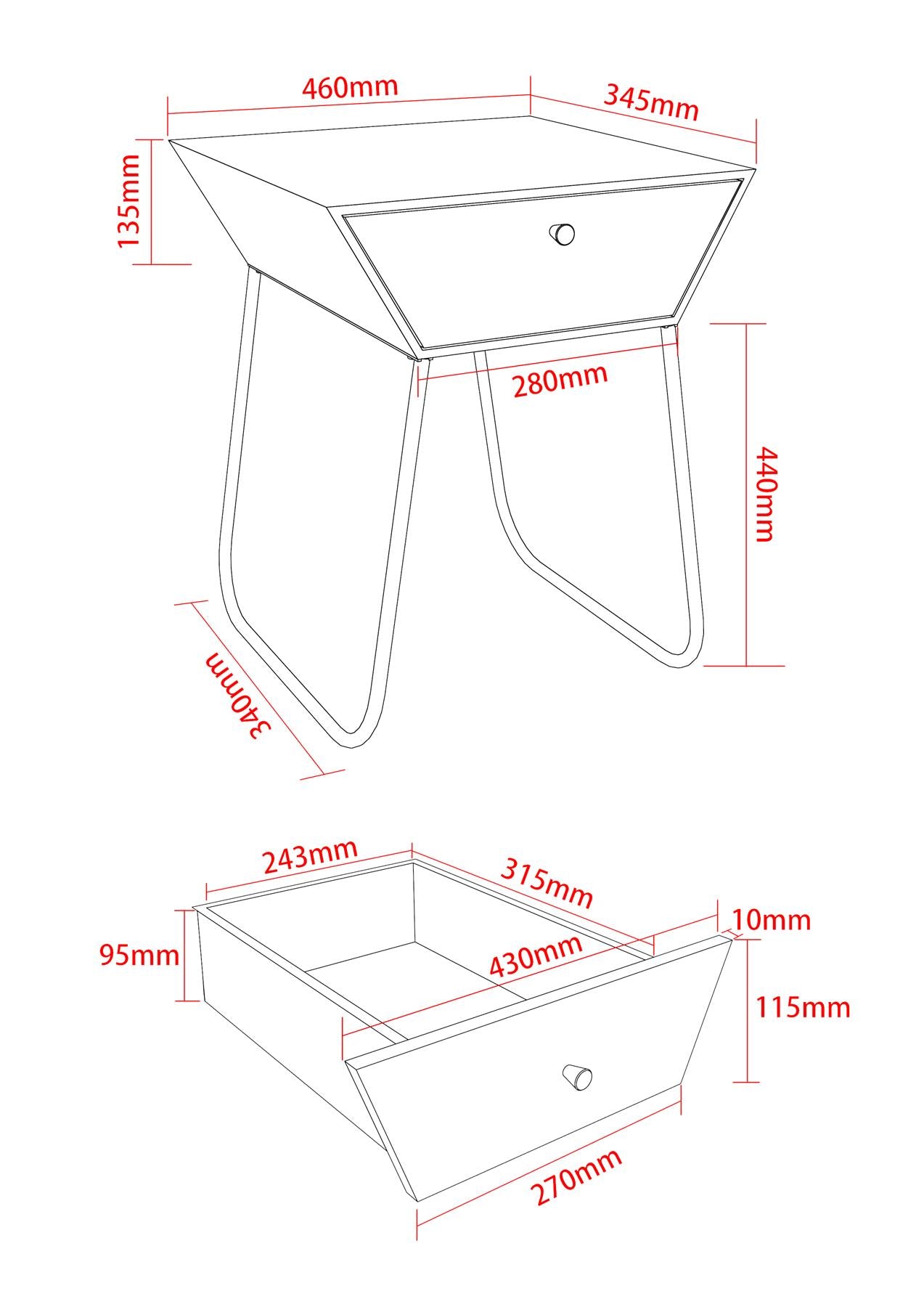 Apollo metal 1 drawer bedside cabinet, black with gold handle and legs