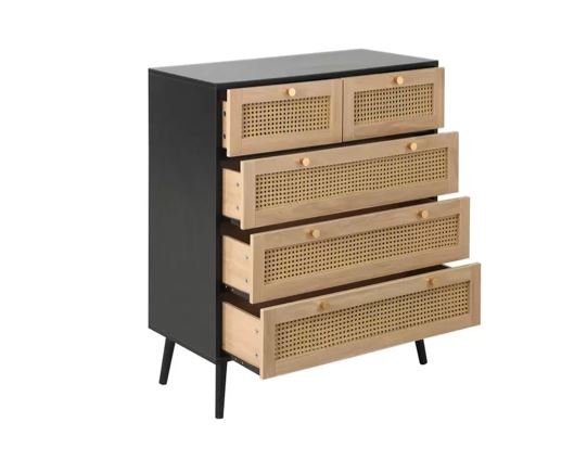 Catalina 5 Drawer Rattan Chest- Black
