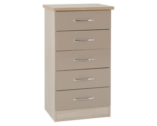 Neptune 5 Drawer Narrow Chest - Oyster Gloss/Light Oak Effect Veneer